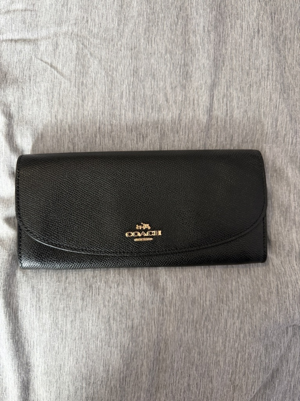 Coach Black Pebbled Leather Continental Clutch Wallet with Gold Logo